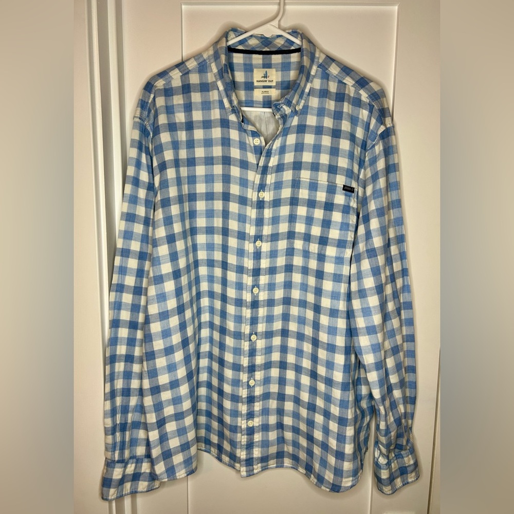 johnnie-O Hangin Out Button Down Shirt Mens XL Blue White Gingham Coastal Prep